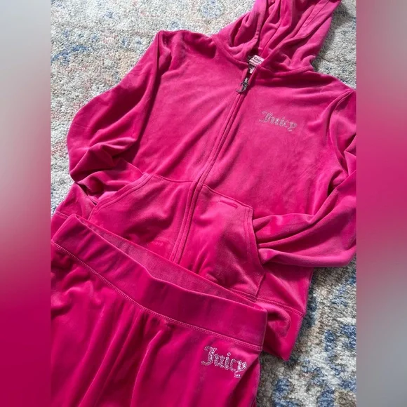 Vintage Juicy Couture Pink Velour Tracksuit Set Rhinestone Y2K Hoodie Pants - Picture 1 of 10